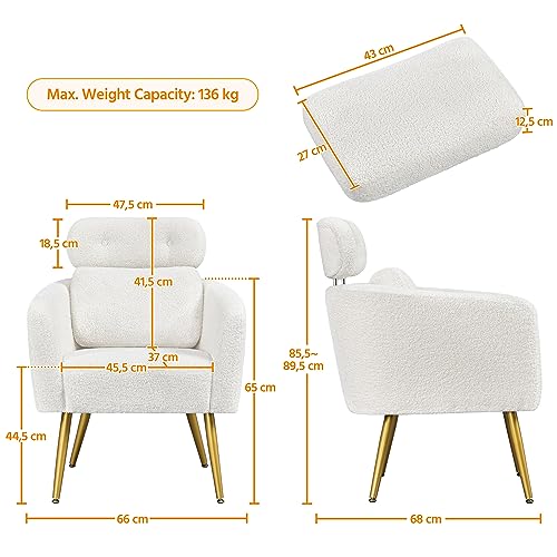 Yaheetech Loungesessel aus Bouclé-Gewebe Sessel Polstersessel mit höhenverstellbarer Kopfstütze Fernsehsessel mit Metallbeinen für Wohnzimmer/Büro Weiß - 3