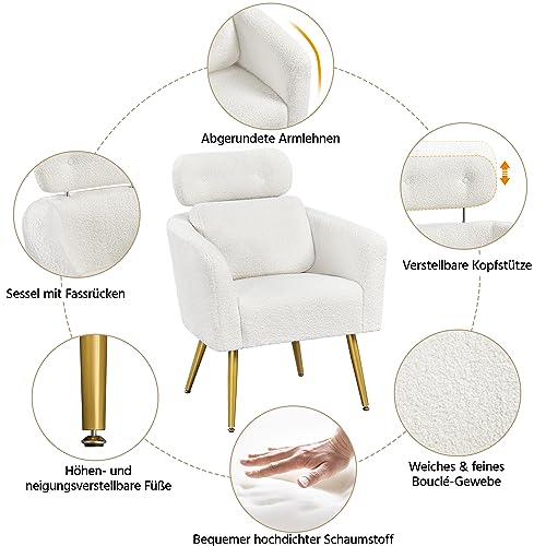Yaheetech Loungesessel aus Bouclé-Gewebe Sessel Polstersessel mit höhenverstellbarer Kopfstütze Fernsehsessel mit Metallbeinen für Wohnzimmer/Büro Weiß - 7