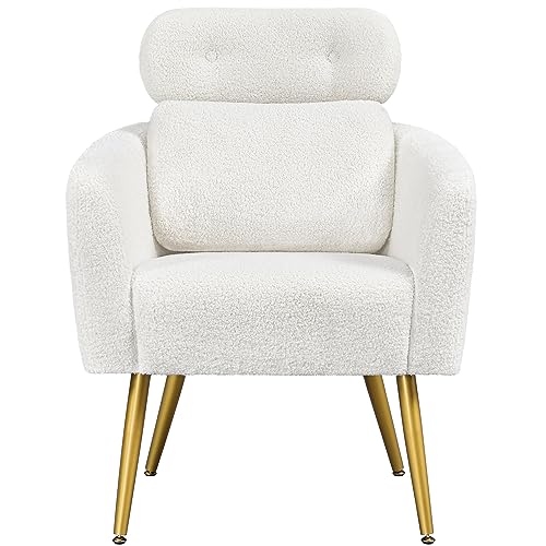 Yaheetech Loungesessel aus Bouclé-Gewebe Sessel Polstersessel mit höhenverstellbarer Kopfstütze Fernsehsessel mit Metallbeinen für Wohnzimmer/Büro Weiß - 9