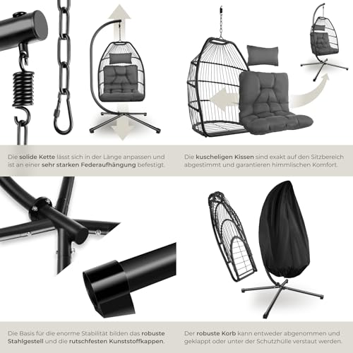 tectake® Hängesessel mit Gestell, Dicke Kissen, Möbel, Deko für Wohnzimmer, Jugendzimmer, Balkon, Outdoor oder Indoor Schaukel - 6