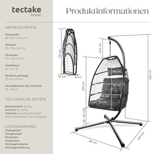 tectake® Hängesessel mit Gestell, Dicke Kissen, Möbel, Deko für Wohnzimmer, Jugendzimmer, Balkon, Outdoor oder Indoor Schaukel - 7