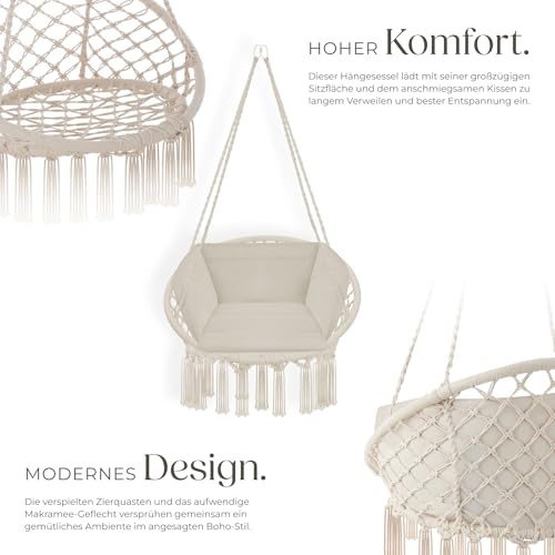 tectake® Indoor und Outdoor Hängesessel, Terrassen und Balkonmöbel, Hängesessel mit Gestell, robuste Konstruktion mit großem weichem Kissen, Hängesessel bis 150 kg - beige - 4
