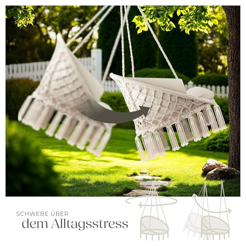 tectake® Indoor und Outdoor Hängesessel, Terrassen und Balkonmöbel, Hängesessel mit Gestell, robuste Konstruktion mit großem weichem Kissen, Hängesessel bis 150 kg - beige - 5