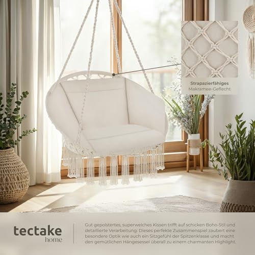 tectake® Indoor und Outdoor Hängesessel, Terrassen und Balkonmöbel, Hängesessel mit Gestell, robuste Konstruktion mit großem weichem Kissen, Hängesessel bis 150 kg - beige - 6