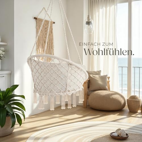 tectake® Indoor und Outdoor Hängesessel, Terrassen und Balkonmöbel, Hängesessel mit Gestell, robuste Konstruktion mit großem weichem Kissen, Hängesessel bis 150 kg - beige - 8