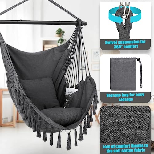 Hängesessel Hängeschaukel Hängestuhl mit 2 Kissen & Tasche, Übergroßer Hängesessel Kinder & Erwachsene max 330 lbs, Hängematte Indoor & Outdoor Schaukelstuhl für Wohn- Schlafzimmer Garten Terrasse - 2