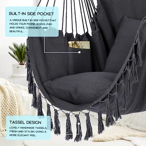 Hängesessel Hängeschaukel Hängestuhl mit 2 Kissen & Tasche, Übergroßer Hängesessel Kinder & Erwachsene max 330 lbs, Hängematte Indoor & Outdoor Schaukelstuhl für Wohn- Schlafzimmer Garten Terrasse - 3