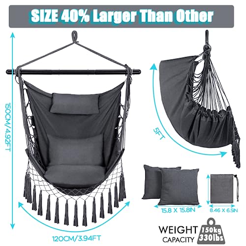 Hängesessel Hängeschaukel Hängestuhl mit 2 Kissen & Tasche, Übergroßer Hängesessel Kinder & Erwachsene max 330 lbs, Hängematte Indoor & Outdoor Schaukelstuhl für Wohn- Schlafzimmer Garten Terrasse - 4