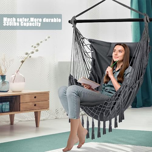 Hängesessel Hängeschaukel Hängestuhl mit 2 Kissen & Tasche, Übergroßer Hängesessel Kinder & Erwachsene max 330 lbs, Hängematte Indoor & Outdoor Schaukelstuhl für Wohn- Schlafzimmer Garten Terrasse - 5