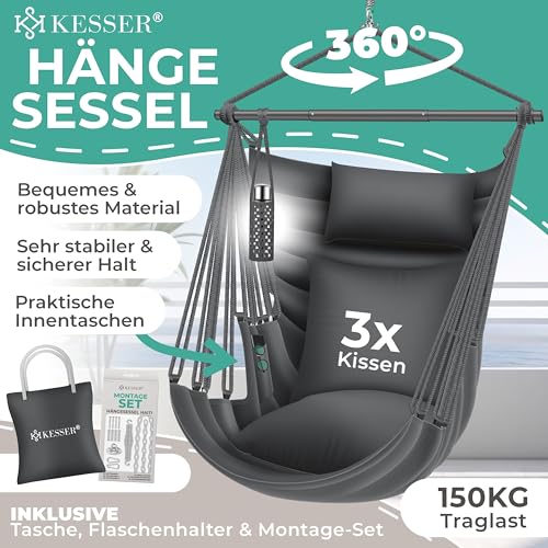 KESSER® Hängesessel Haiti 150kg Traglast, Hängestuhl 360° Drehung, Hängeschaukel Indoor-Outdoor UV-beständig & Wasserfest, Pflegeleicht, Inkl. 2 Kissen, Tragetasche, Flaschenhalter & Montage-Set - 2