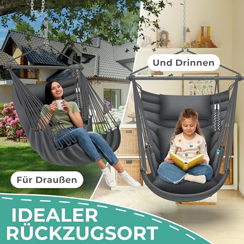 KESSER® Hängesessel Haiti 150kg Traglast, Hängestuhl 360° Drehung, Hängeschaukel Indoor-Outdoor UV-beständig & Wasserfest, Pflegeleicht, Inkl. 2 Kissen, Tragetasche, Flaschenhalter & Montage-Set - 5