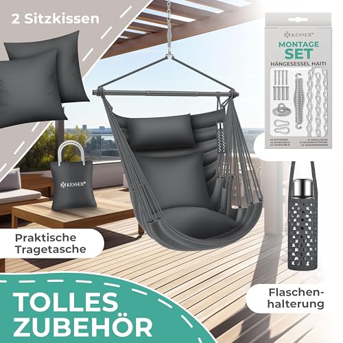 KESSER® Hängesessel Haiti 150kg Traglast, Hängestuhl 360° Drehung, Hängeschaukel Indoor-Outdoor UV-beständig & Wasserfest, Pflegeleicht, Inkl. 2 Kissen, Tragetasche, Flaschenhalter & Montage-Set - 6