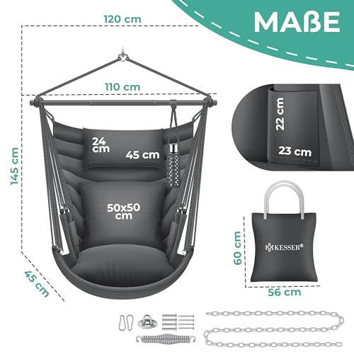 KESSER® Hängesessel Haiti 150kg Traglast, Hängestuhl 360° Drehung, Hängeschaukel Indoor-Outdoor UV-beständig & Wasserfest, Pflegeleicht, Inkl. 2 Kissen, Tragetasche, Flaschenhalter & Montage-Set - 7