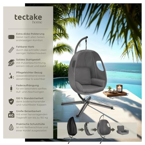 tectake® Hängesessel mit Gestell, Indoor oder Outdoor, Schaukel Sessel mit Kissen + Rückenkissen, Schaukelstuhl, Hängestuhl. Möbel für Wohnzimmer, Schlafzimmer, Balkonmöbel, bis 160kg (anthrazit) - 4