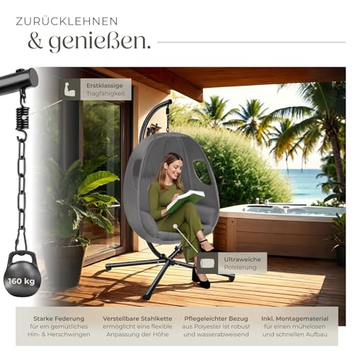 tectake® Hängesessel mit Gestell, Indoor oder Outdoor, Schaukel Sessel mit Kissen + Rückenkissen, Schaukelstuhl, Hängestuhl. Möbel für Wohnzimmer, Schlafzimmer, Balkonmöbel, bis 160kg (anthrazit) - 6