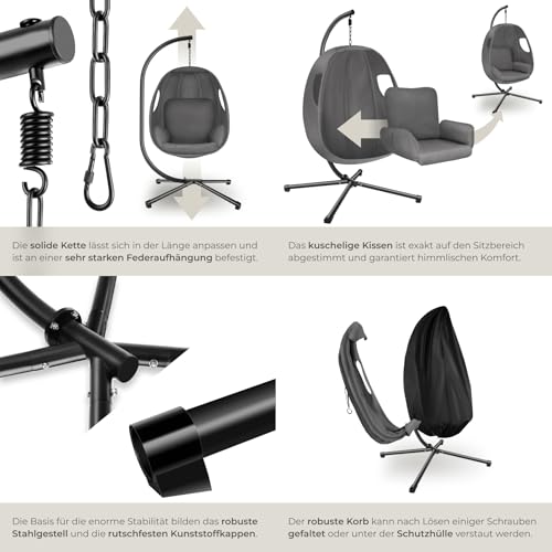 tectake® Hängesessel mit Gestell, Indoor oder Outdoor, Schaukel Sessel mit Kissen + Rückenkissen, Schaukelstuhl, Hängestuhl. Möbel für Wohnzimmer, Schlafzimmer, Balkonmöbel, bis 160kg (anthrazit) - 7