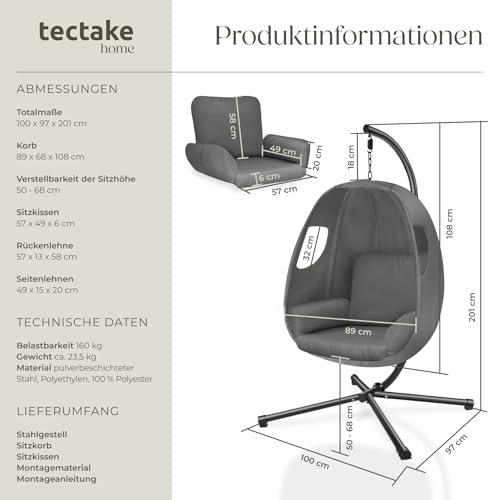 tectake® Hängesessel mit Gestell, Indoor oder Outdoor, Schaukel Sessel mit Kissen + Rückenkissen, Schaukelstuhl, Hängestuhl. Möbel für Wohnzimmer, Schlafzimmer, Balkonmöbel, bis 160kg (anthrazit) - 3