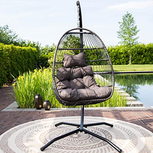 VITA5 Hängesessel mit Gestell - Bequemer Hängekorb Sessel - Rattan Hängesessel Outdoor und Indoor - Boho Egg Schaukel für Terrasse&Leseecke - 150 kg Tragkraft - Dunkel Grau - 12