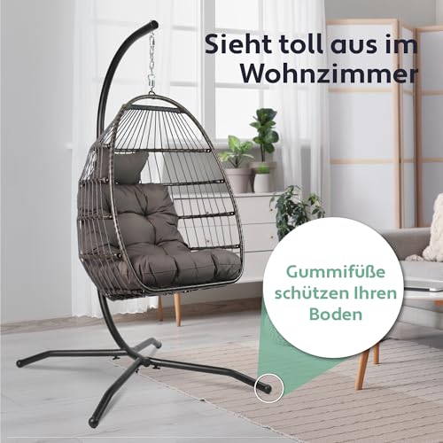 VITA5 Hängesessel mit Gestell - Bequemer Hängekorb Sessel - Rattan Hängesessel Outdoor und Indoor - Boho Egg Schaukel für Terrasse&Leseecke - 150 kg Tragkraft - Dunkel Grau - 3