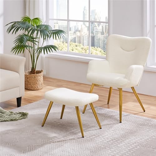 Yaheetech Sessel Ohrensessel mit Hocker aus Boucle-Gewebe, Relaxsessel mit Fußstütze, Loungesessel mit Klappbarer Rückenlehne, Fernsehsessel für Wohnzimmer/Schlafzimmer Elfenbein - 2