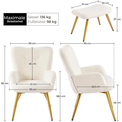 Yaheetech Sessel Ohrensessel mit Hocker aus Boucle-Gewebe, Relaxsessel mit Fußstütze, Loungesessel mit Klappbarer Rückenlehne, Fernsehsessel für Wohnzimmer/Schlafzimmer Elfenbein - 3