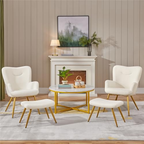 Yaheetech Sessel Ohrensessel mit Hocker aus Boucle-Gewebe, Relaxsessel mit Fußstütze, Loungesessel mit Klappbarer Rückenlehne, Fernsehsessel für Wohnzimmer/Schlafzimmer Elfenbein - 4