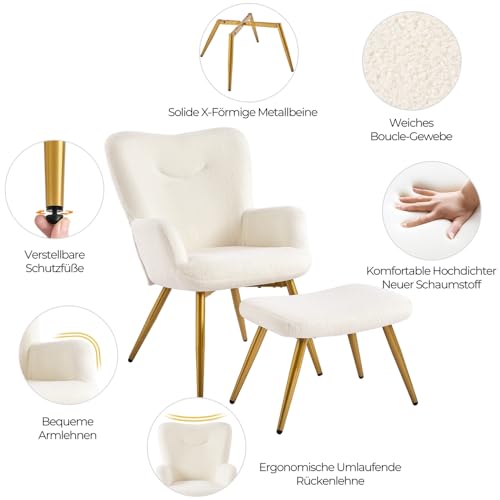 Yaheetech Sessel Ohrensessel mit Hocker aus Boucle-Gewebe, Relaxsessel mit Fußstütze, Loungesessel mit Klappbarer Rückenlehne, Fernsehsessel für Wohnzimmer/Schlafzimmer Elfenbein - 5