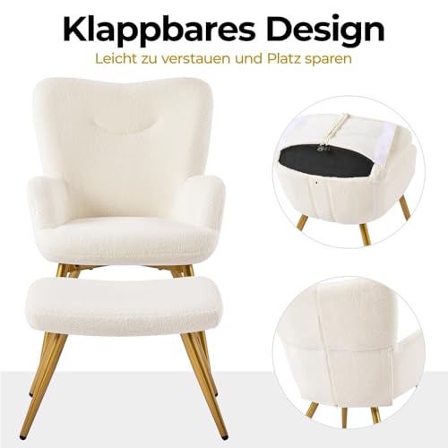 Yaheetech Sessel Ohrensessel mit Hocker aus Boucle-Gewebe, Relaxsessel mit Fußstütze, Loungesessel mit Klappbarer Rückenlehne, Fernsehsessel für Wohnzimmer/Schlafzimmer Elfenbein - 7