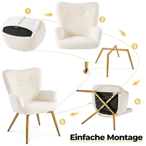 Yaheetech Sessel Ohrensessel mit Hocker aus Boucle-Gewebe, Relaxsessel mit Fußstütze, Loungesessel mit Klappbarer Rückenlehne, Fernsehsessel für Wohnzimmer/Schlafzimmer Elfenbein - 8