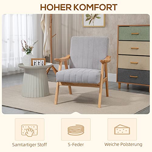 HOMCOM Sessel Wohnzimmer Loungesessel Armlehnstuhl Relaxsessel mit Gummiholzbeine, Polstersessel mit Samtoptik, Lesesessel für Schlafzimmer Arbeitszimmer Hellgrau - 4