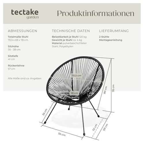 tectake® 2er Set Stuhl Acapulco Design, Gartenstuhl, Gartenstühle im Retro Design, Indoor und Outdoor Sessel für Garten, Wintergarten, als Terrassenstühle oder Balkon Sessel - schwarz - 3