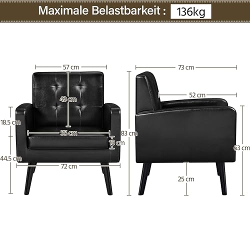 Yaheetech Relaxsessel mit Holzbeinen Ruhesessel Ohrensessel Polstersessel Einzelsofa Fernsehsessel bis 136 kg Belastbar fürs Wohnzimmer, aus Kunstleder, Schwarz - 2