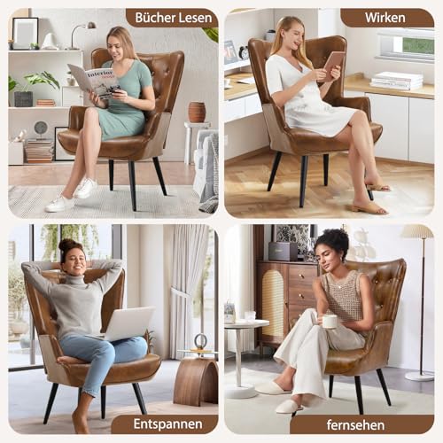 Ckaff Ohrensessel Sessel Wohnzimmer 2er Set, Skandinavischer Stil Relaxsessel PU-Kunstleder mit Hoher Rückenlehne Loungesessel Polstersessel fürs Wohnzimmer Schlafzimmer Arbeitszimmer, Braun - 3