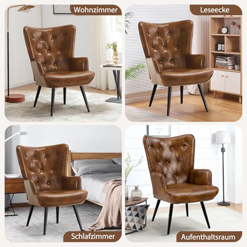 Ckaff Ohrensessel Sessel Wohnzimmer 2er Set, Skandinavischer Stil Relaxsessel PU-Kunstleder mit Hoher Rückenlehne Loungesessel Polstersessel fürs Wohnzimmer Schlafzimmer Arbeitszimmer, Braun - 4