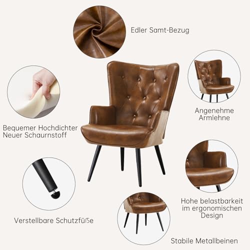 Ckaff Ohrensessel Sessel Wohnzimmer 2er Set, Skandinavischer Stil Relaxsessel PU-Kunstleder mit Hoher Rückenlehne Loungesessel Polstersessel fürs Wohnzimmer Schlafzimmer Arbeitszimmer, Braun - 5