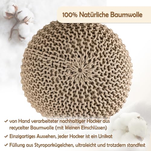 Amago home Strickhocker Pouf Ø45 o. 55cm Bodenkissen Sitzpouf XXL Baumwolle nachhaltig Größe ø 45 cm, Farbe beige - 2