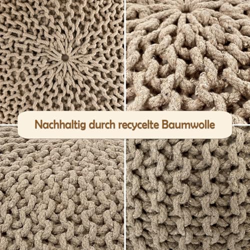 Amago home Strickhocker Pouf Ø45 o. 55cm Bodenkissen Sitzpouf XXL Baumwolle nachhaltig Größe ø 45 cm, Farbe beige - 4