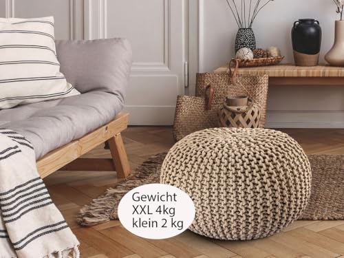 Amago home Strickhocker Pouf Ø45 o. 55cm Bodenkissen Sitzpouf XXL Baumwolle nachhaltig Größe ø 45 cm, Farbe beige - 5