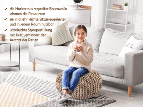 Amago home Strickhocker Pouf Ø45 o. 55cm Bodenkissen Sitzpouf XXL Baumwolle nachhaltig Größe ø 45 cm, Farbe beige - 6