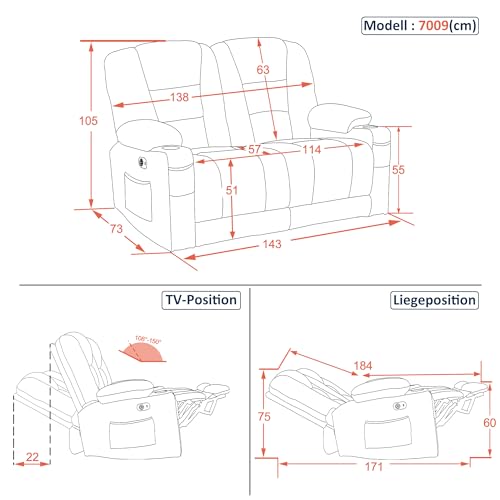 M MCombo Elektrisch 2er Sitzer Sofa mit Schlaffunktion, 2er Relaxsofa mit Taste 150° Verstellbar - 3