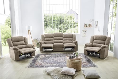 Dreisitzer Sofa, Taschenfederkernpolsterung, Wellenfedern, 212 cm breit, 3er Couch verstellbar dr. praktische halbautomatische Relaxfunktion, Bezug Mikrofaser Vintage Grau Braun / 15134 - 8