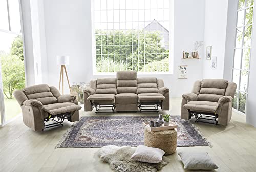 Dreisitzer Sofa, Taschenfederkernpolsterung, Wellenfedern, 212 cm breit, 3er Couch verstellbar dr. praktische halbautomatische Relaxfunktion, Bezug Mikrofaser Vintage Grau Braun / 15134 - 9