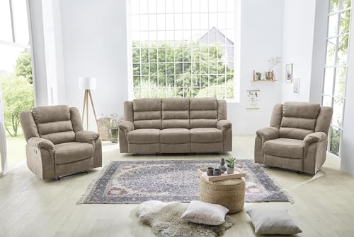 Dreisitzer Sofa, Taschenfederkernpolsterung, Wellenfedern, 212 cm breit, 3er Couch verstellbar dr. praktische halbautomatische Relaxfunktion, Bezug Mikrofaser Vintage Grau Braun / 15134 - 10