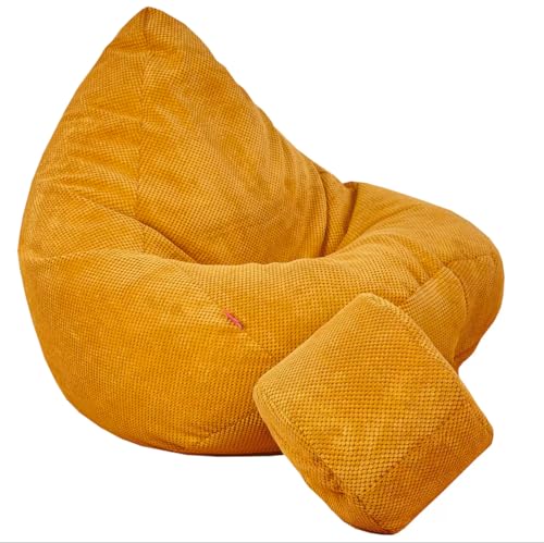 Slevobox Sitzsack mit Hocker Senfgelb 95x95x120 cm - XXL Sitzsack Erwachsene mit Füllung - Schlafzimmer und Wohnzimmer Möbel - Samt Indoor Sitzsäcke - Bean Bag - Lounge Sessel - 3