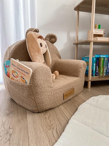 Flumi Personalisierte Kindersessel Babysessel Schaumstoff – Kindersitz fur Kinderzimmer Spielzimmer – Sessel mit Gravur Kindername Farbe: Lammfell Dunkelbeige - 9