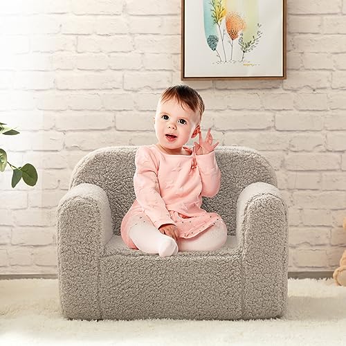 BEJOY Kindersofa - Ultra-Weicher Schaumstoff Gefüllter Kindersessel, Kuscheliger Sherpa Lesecouch für Mädchen und Jungen - Hellgrau - 2