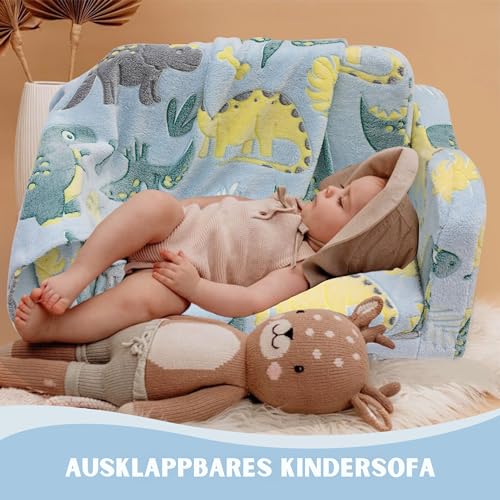 MeMoreCool Kindersofa Ausklappbar, 2-in-1 Kleinkinder Schlafsofa, Kindersessel mit Schlaffunktion, Mini Couch für Kuschelecke Kinderzimmer, Fancy Spielsofa für Mädchen und Jungen, Blau Dinosaurier - 8