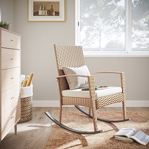 Mondeer Garten Schaukelstuhl, Outdoor GartenStuhl Schwingsessel mit Kissen Abnehmbares und Armlehnen, Polyrattan, für Garten Balkon Terrasse, Beige, 57 x 85 x 96 cm - 2