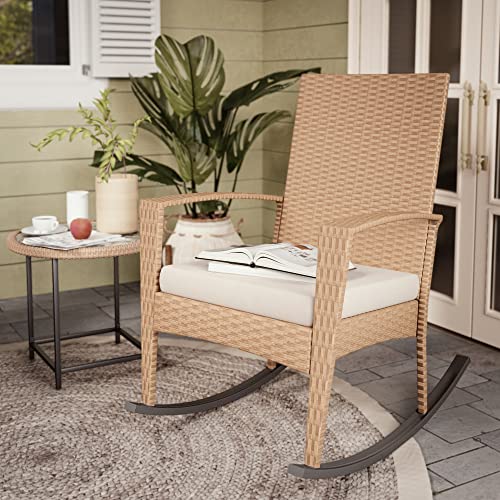 Mondeer Garten Schaukelstuhl, Outdoor GartenStuhl Schwingsessel mit Kissen Abnehmbares und Armlehnen, Polyrattan, für Garten Balkon Terrasse, Beige, 57 x 85 x 96 cm - 5
