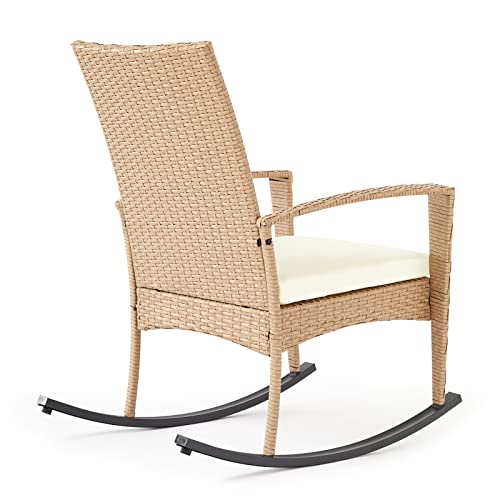 Mondeer Garten Schaukelstuhl, Outdoor GartenStuhl Schwingsessel mit Kissen Abnehmbares und Armlehnen, Polyrattan, für Garten Balkon Terrasse, Beige, 57 x 85 x 96 cm - 6